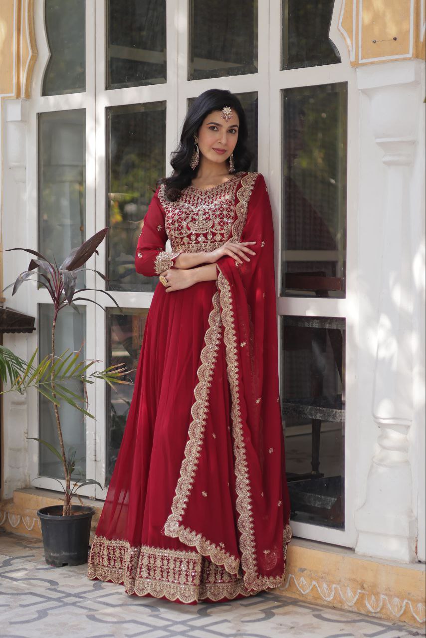 Maroon Premium Designer Readymade Gown with Dupatta Collection Elegant Embroidered Faux Blooming Design