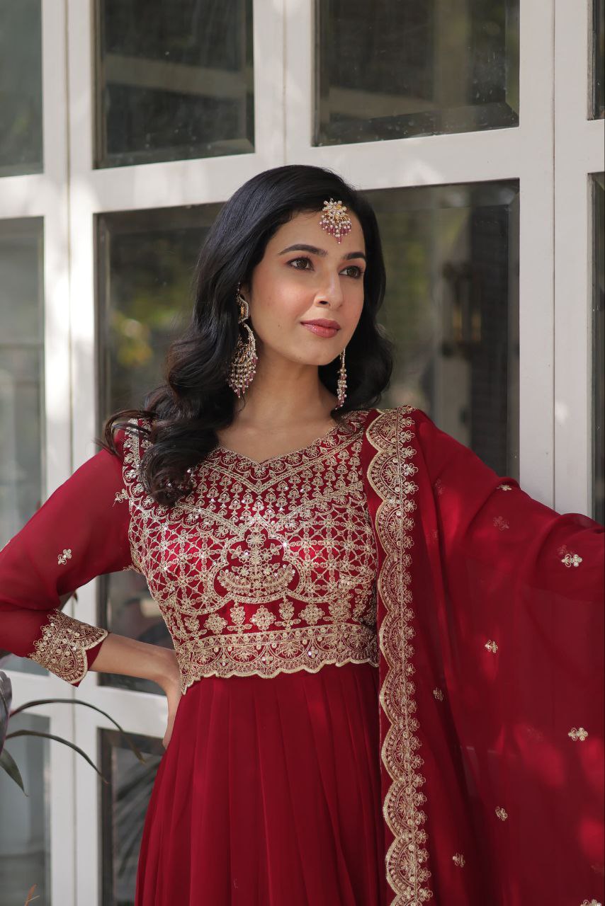 Maroon Premium Designer Readymade Gown with Dupatta Collection Elegant Embroidered Faux Blooming Design