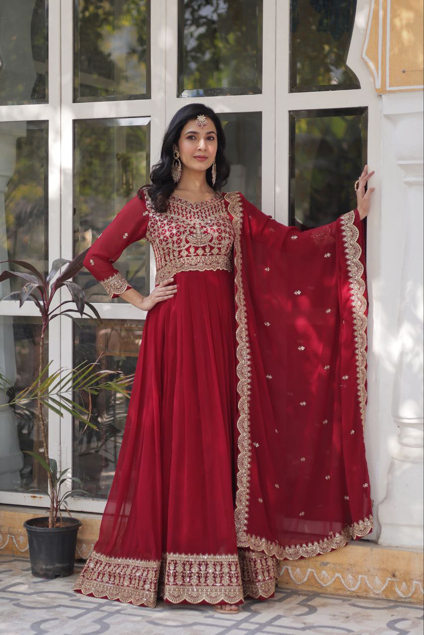 Maroon Premium Designer Readymade Gown with Dupatta Collection Elegant Embroidered Faux Blooming Design