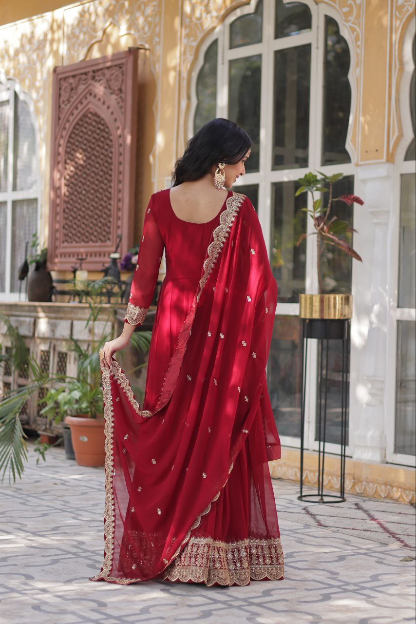 Maroon Premium Designer Readymade Gown with Dupatta Collection Elegant Embroidered Faux Blooming Design