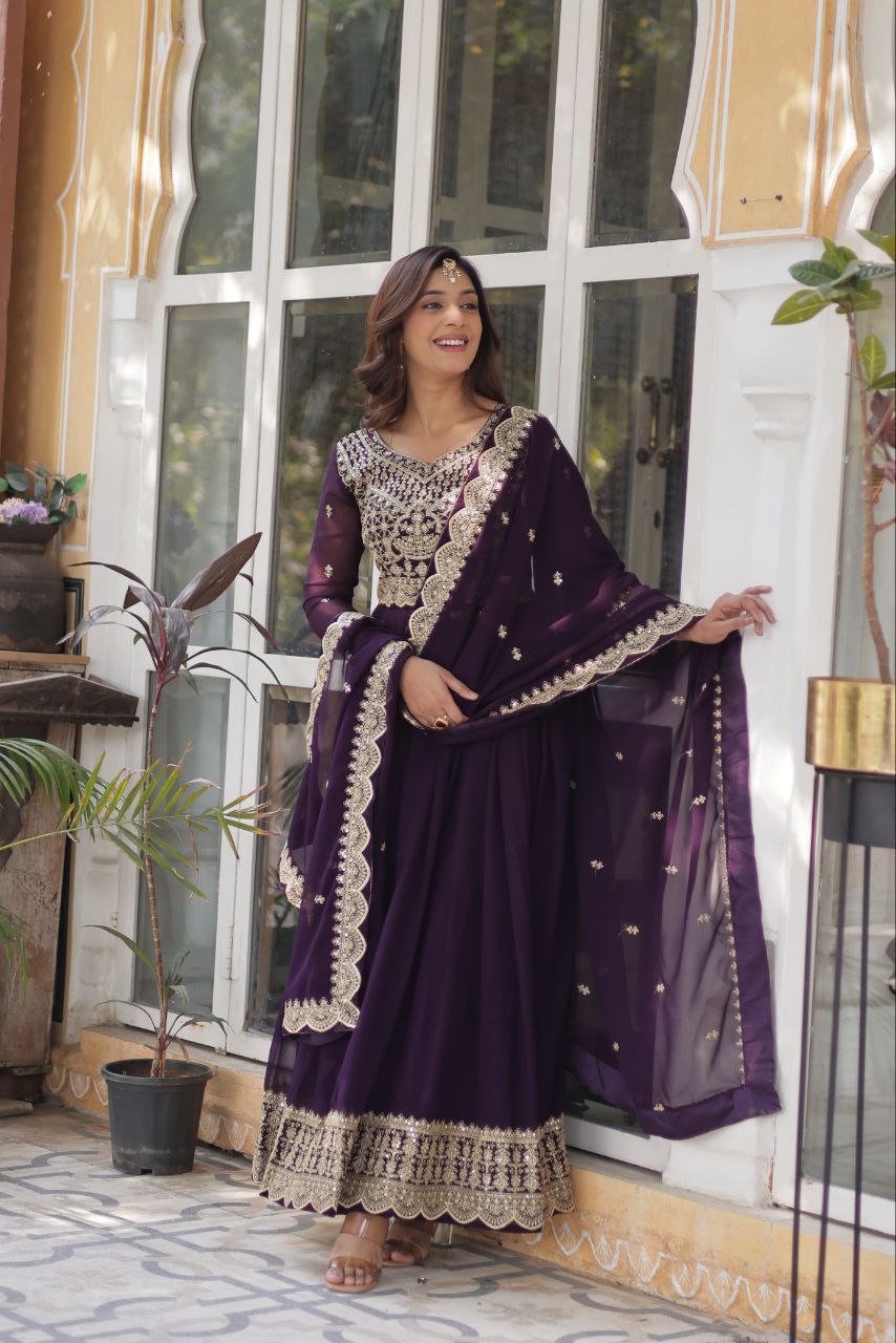Purple Premium Designer Readymade Gown with Dupatta Collection Elegant Embroidered Faux Blooming Design