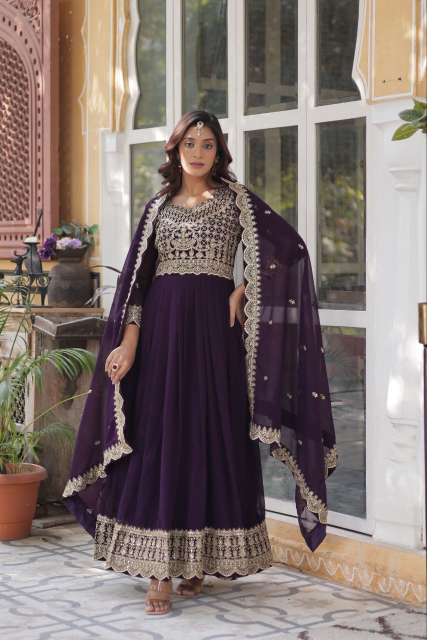 Purple Premium Designer Readymade Gown with Dupatta Collection Elegant Embroidered Faux Blooming Design