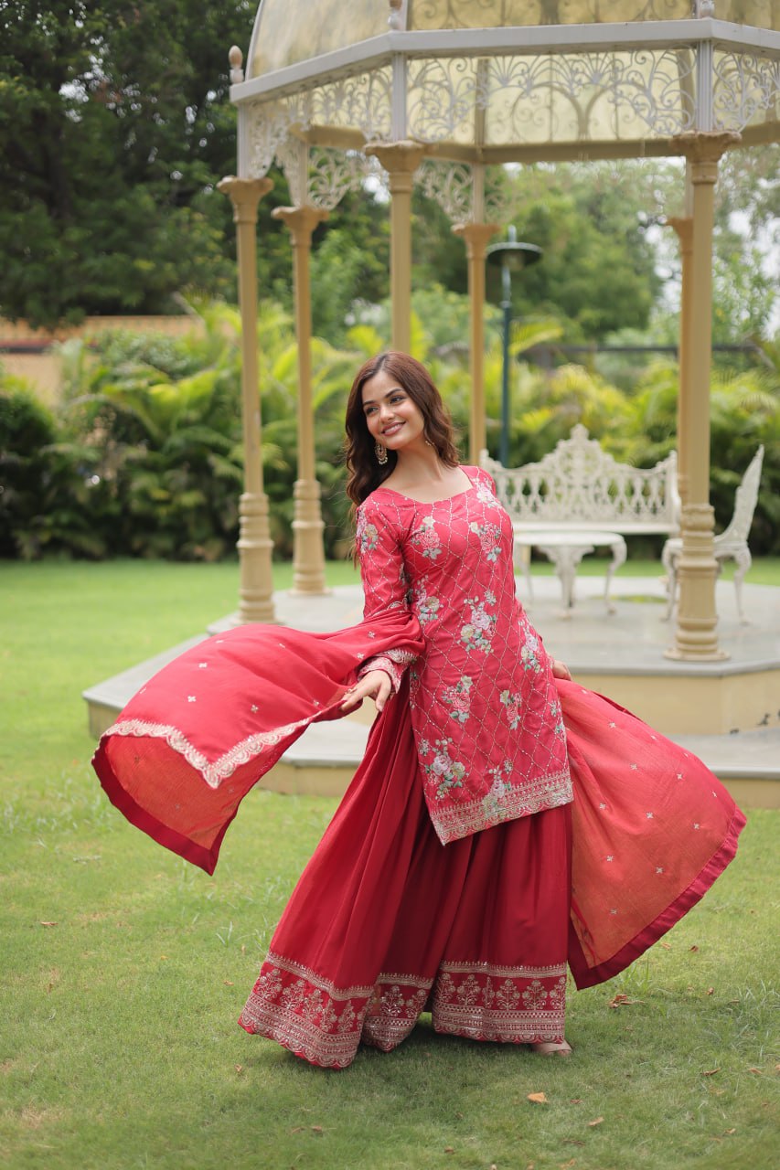 Designer Sequins Embroidery Work Readymade Kurti with Palazzo and Dupatta Set