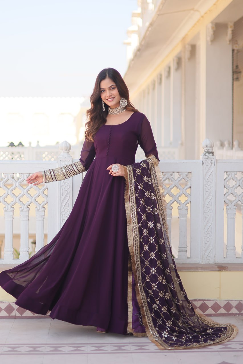 Wine Party Wear Pure Georgette Ready to Wear Stitched Gown with Dupatta Set