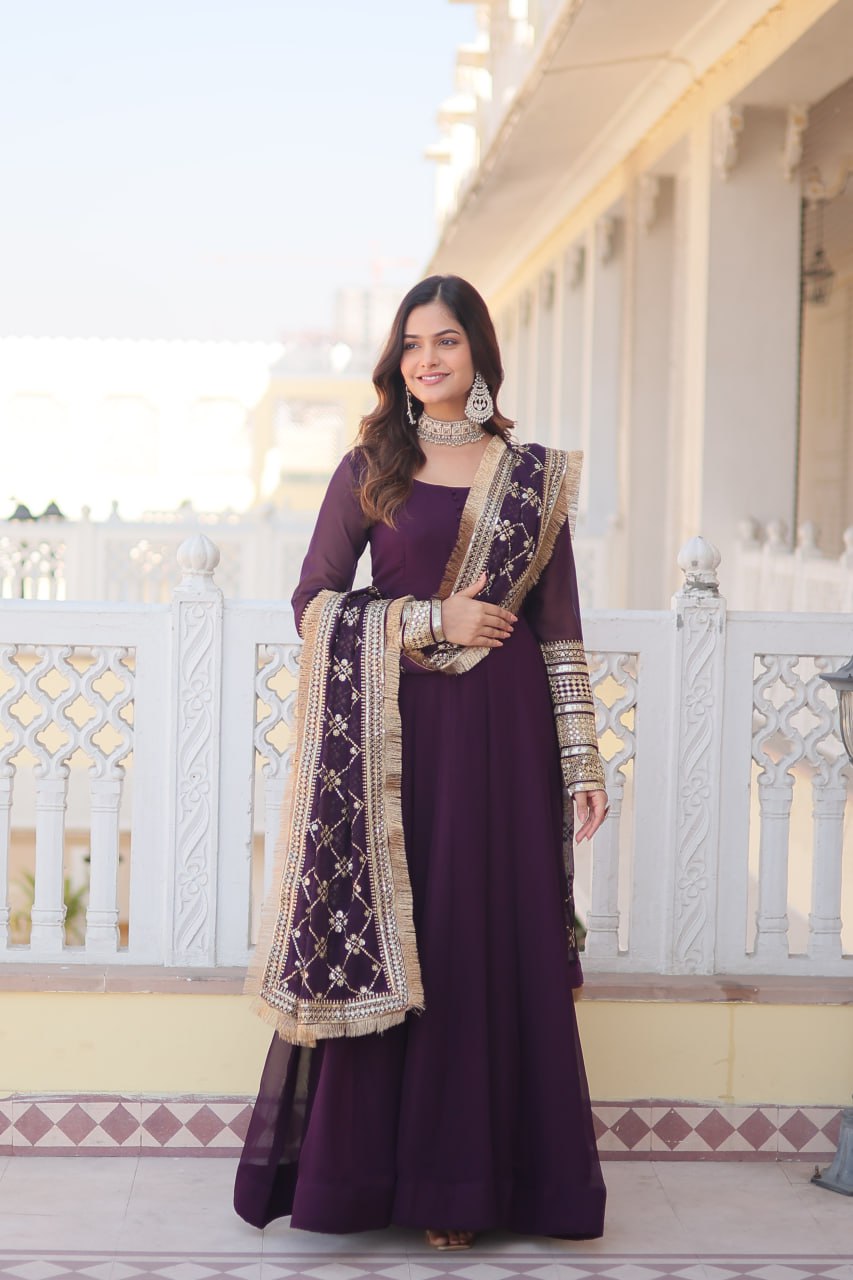 Wine Party Wear Pure Georgette Ready to Wear Stitched Gown with Dupatta Set