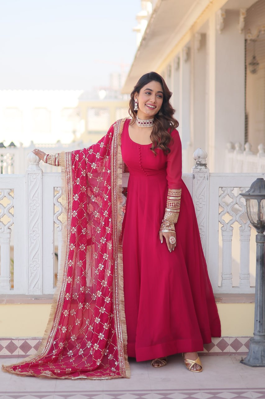 Pink Party Wear Pure Georgette Ready to Wear Stitched Gown with Dupatta Set