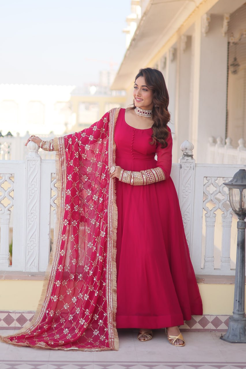 Pink Party Wear Pure Georgette Ready to Wear Stitched Gown with Dupatta Set