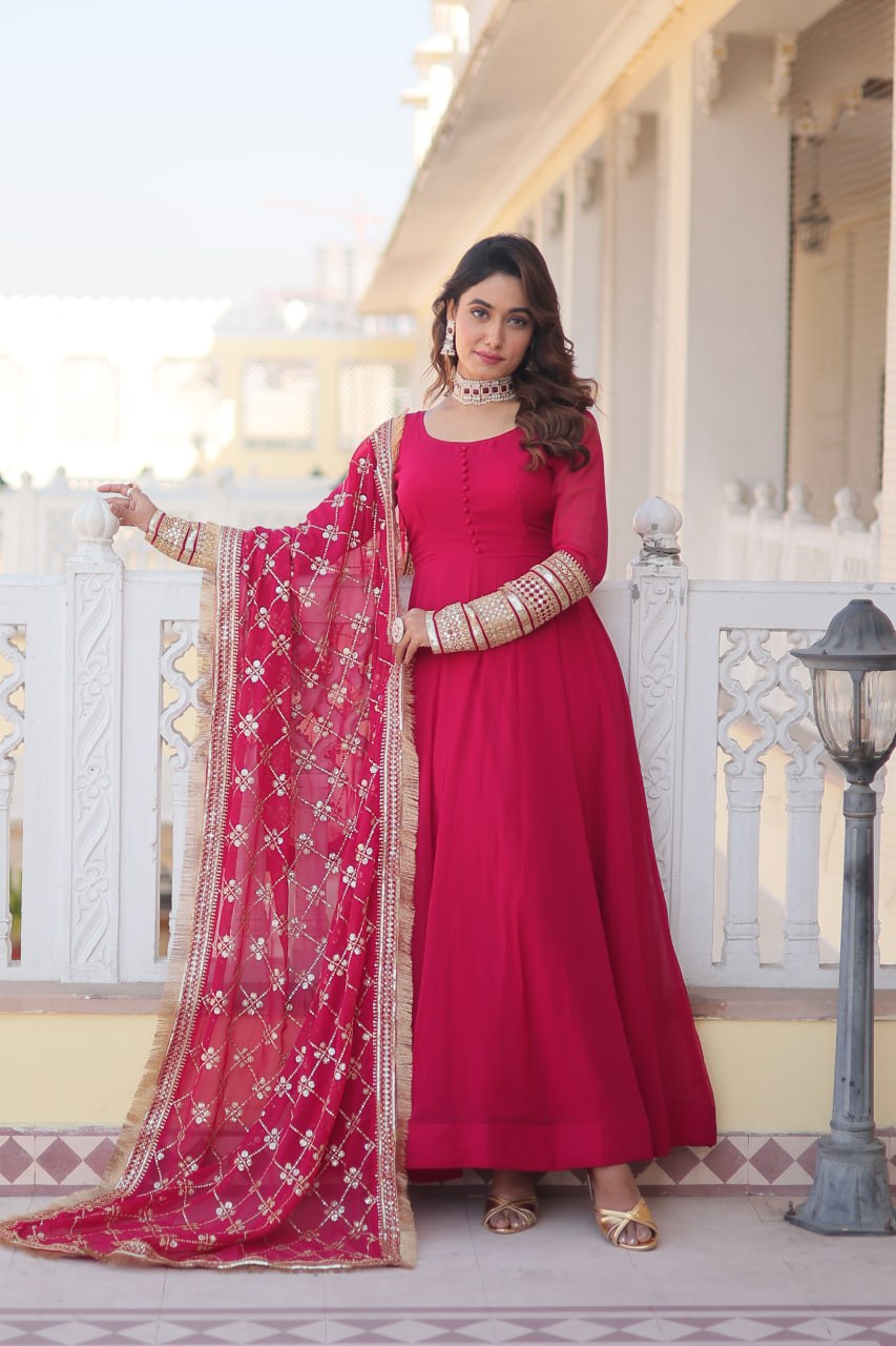 Pink Party Wear Pure Georgette Ready to Wear Stitched Gown with Dupatta Set