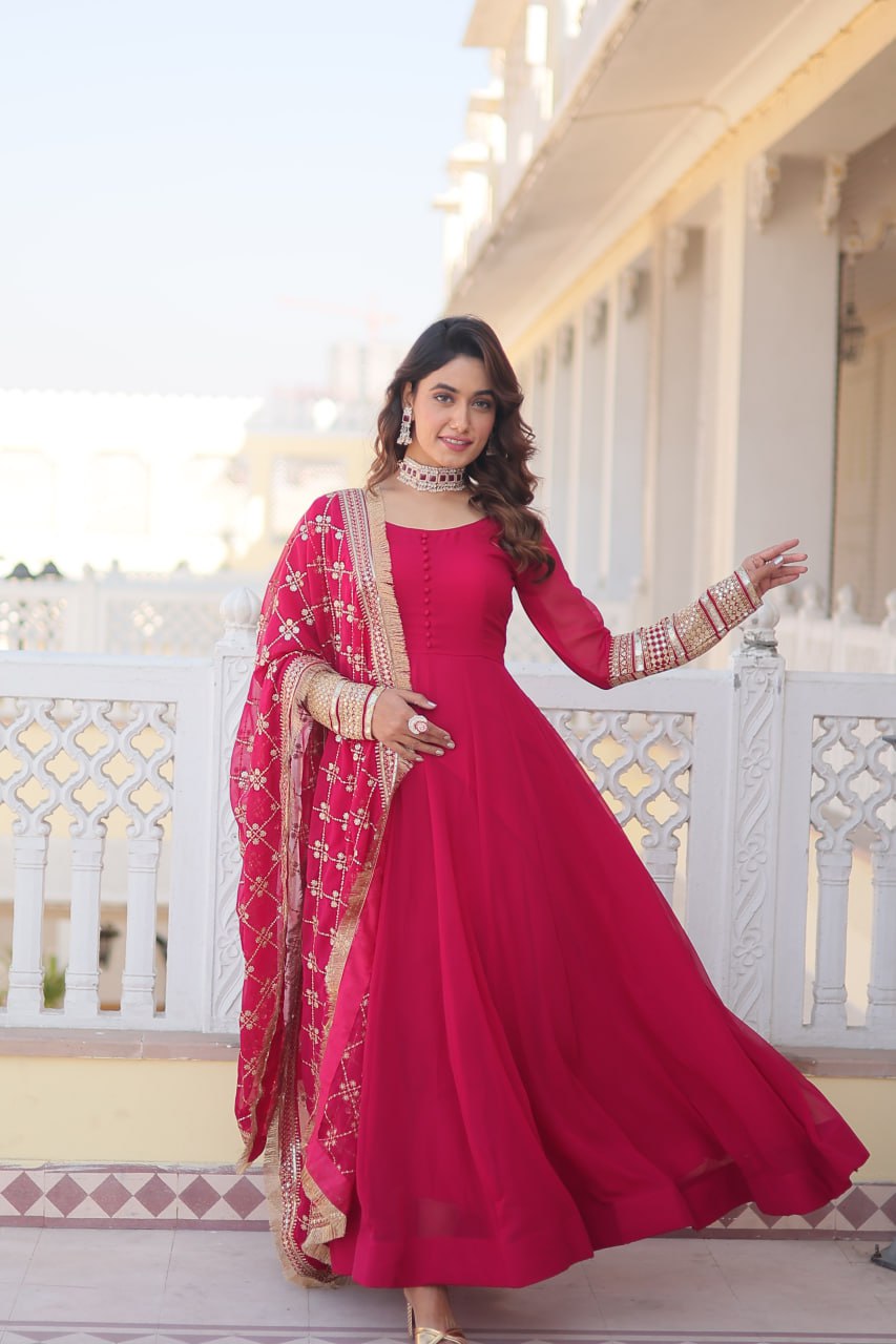 Pink Party Wear Pure Georgette Ready to Wear Stitched Gown with Dupatta Set