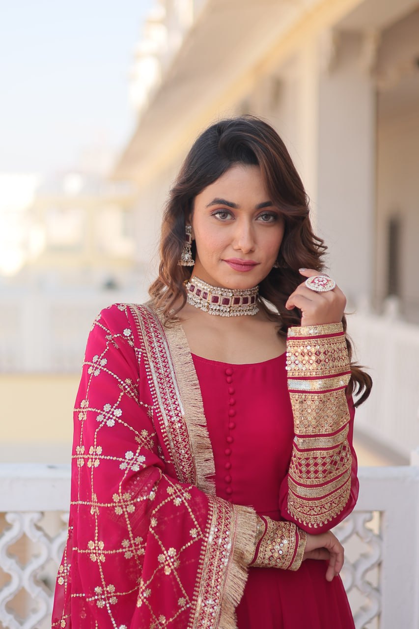 Pink Party Wear Pure Georgette Ready to Wear Stitched Gown with Dupatta Set