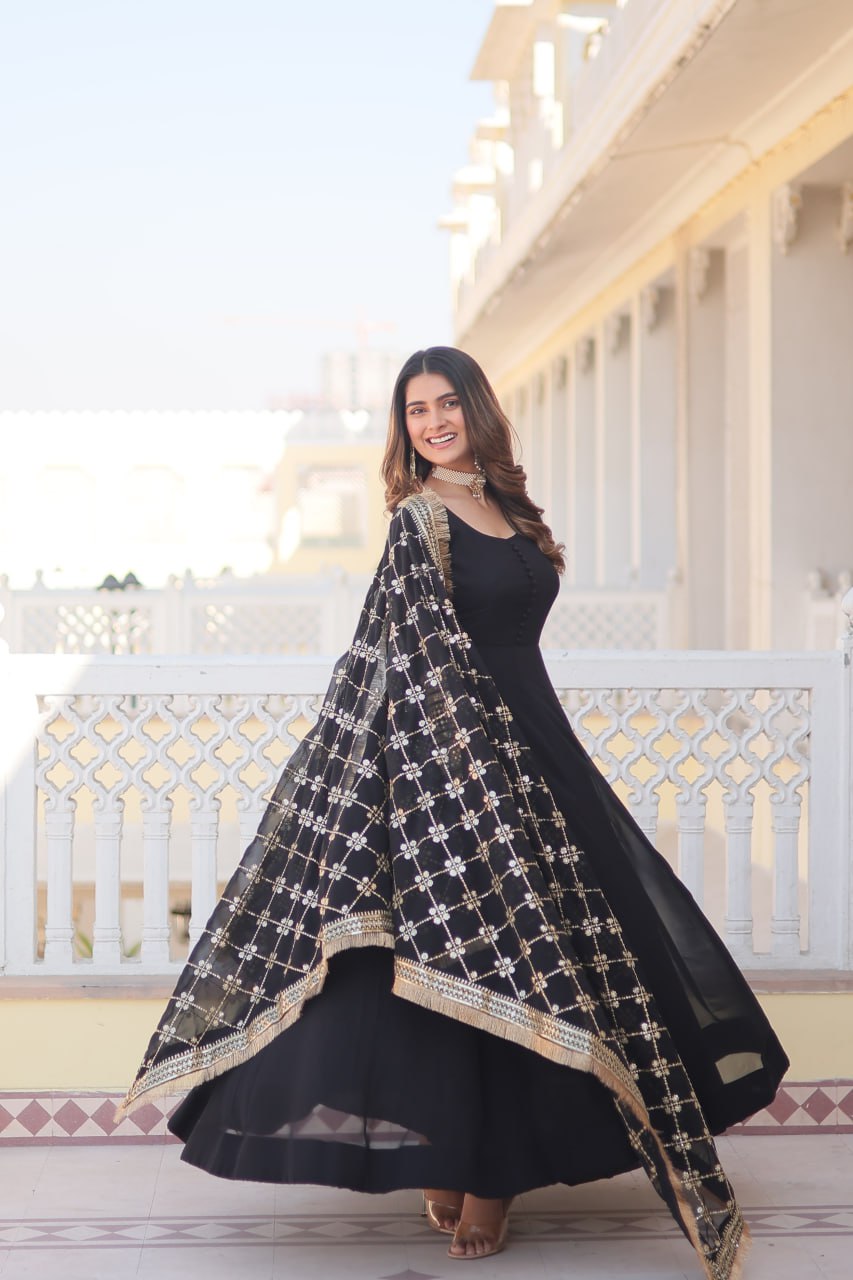 Black Party Wear Pure Georgette Ready to Wear Stitched Gown with Dupatta Set