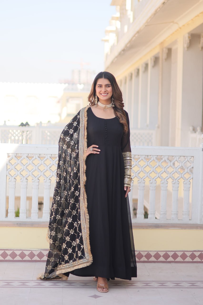 Black Party Wear Pure Georgette Ready to Wear Stitched Gown with Dupatta Set
