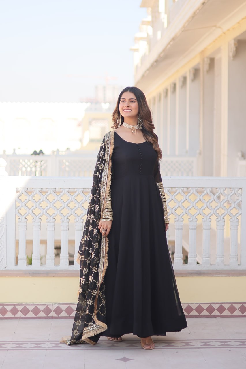 Black Party Wear Pure Georgette Ready to Wear Stitched Gown with Dupatta Set