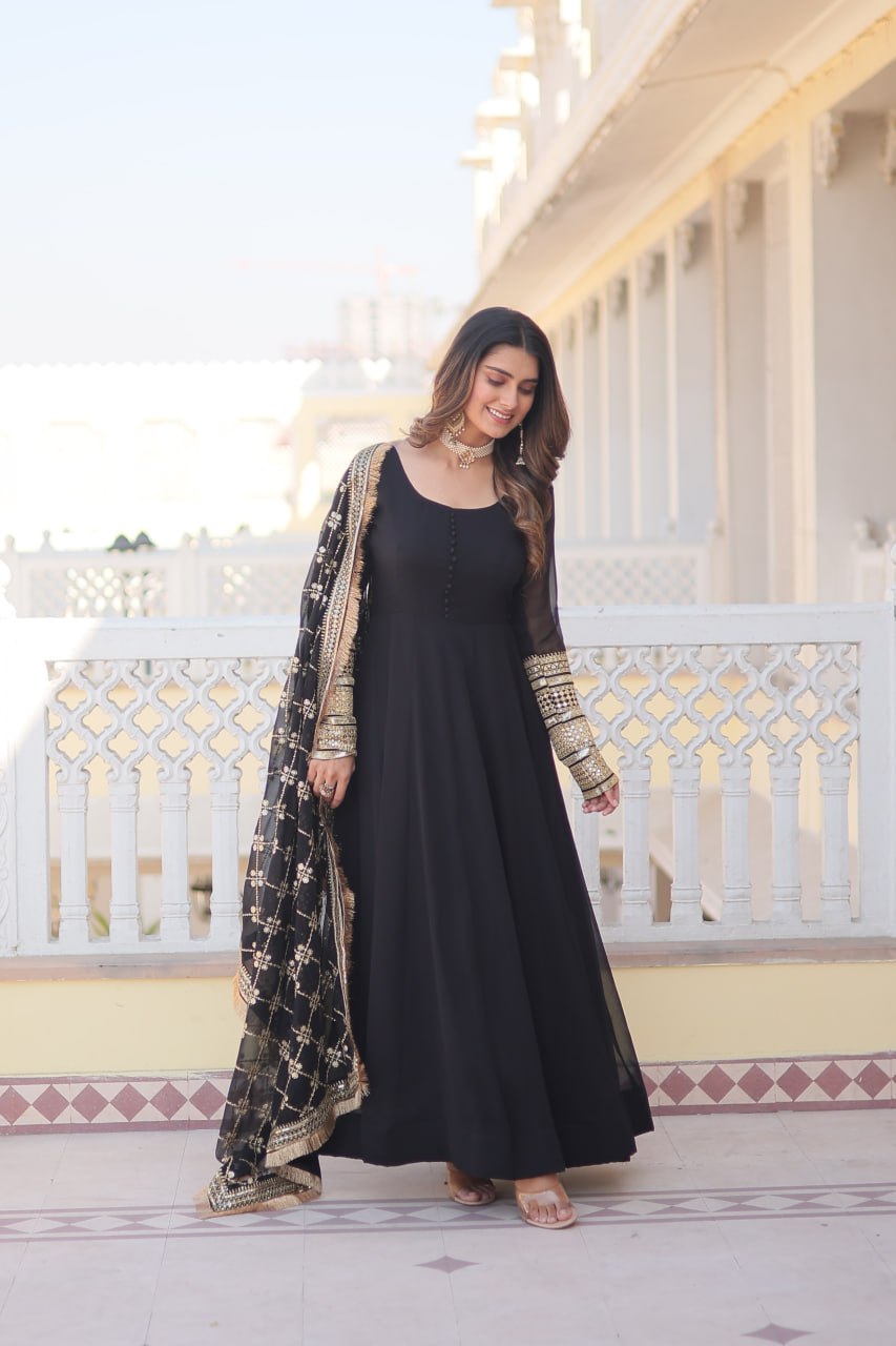 Black Party Wear Pure Georgette Ready to Wear Stitched Gown with Dupatta Set
