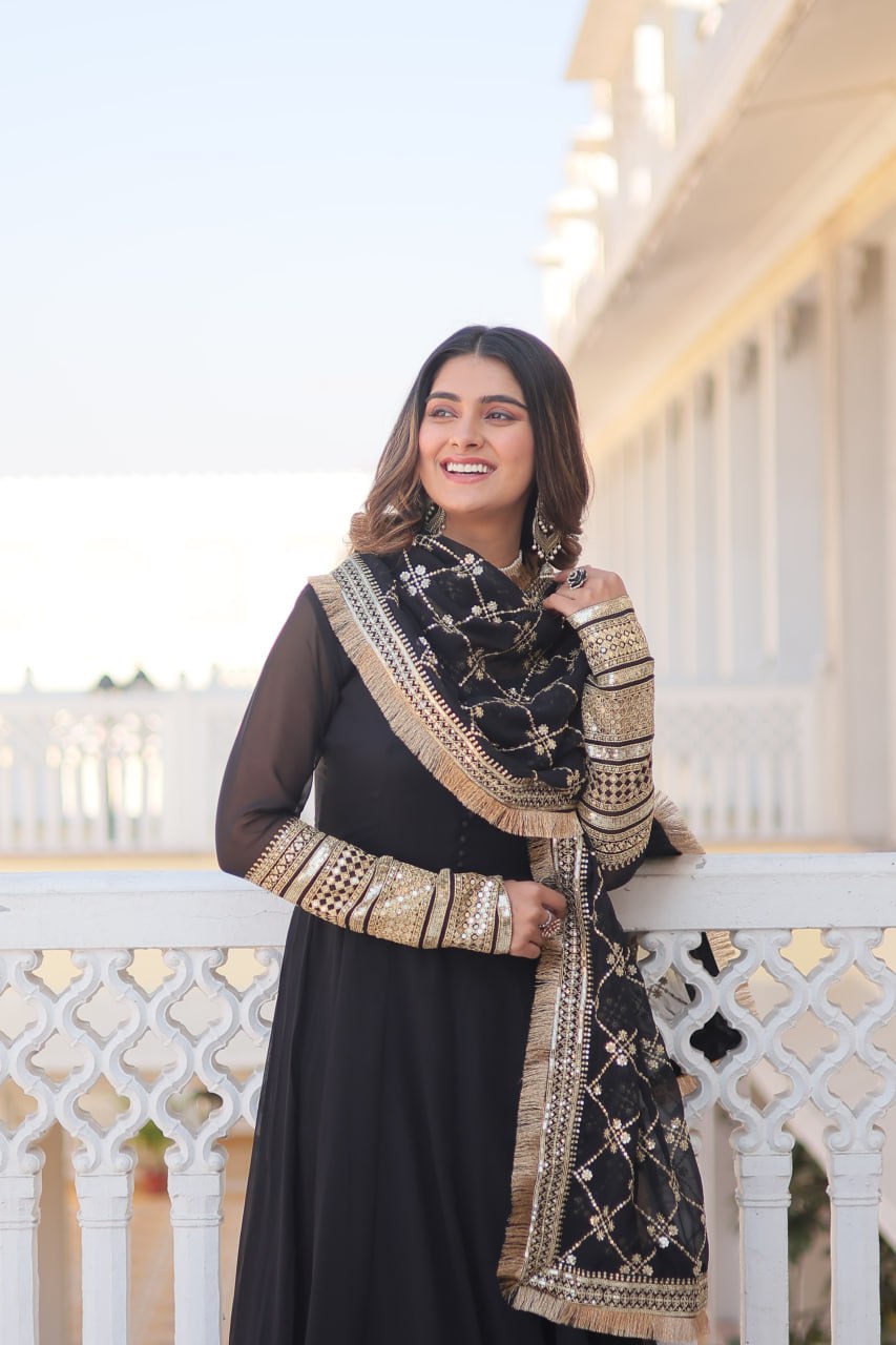 Black Party Wear Pure Georgette Ready to Wear Stitched Gown with Dupatta Set
