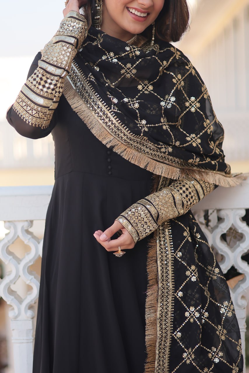 Black Party Wear Pure Georgette Ready to Wear Stitched Gown with Dupatta Set