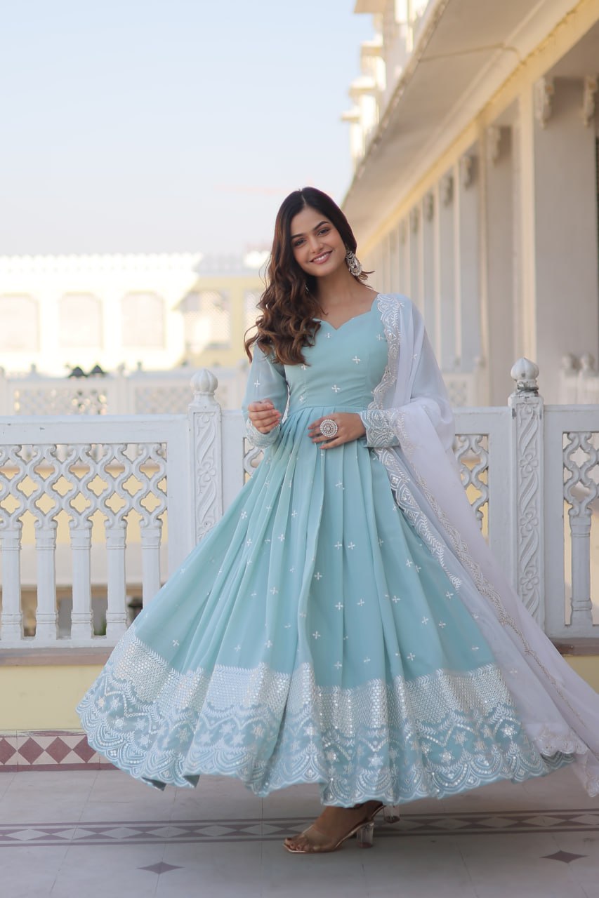 Sky Blue Embroidered Georgette Gown Dupatta Set