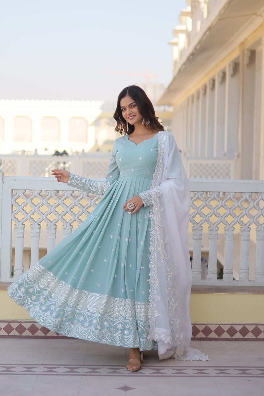 Sky Blue Embroidered Georgette Gown Dupatta Set