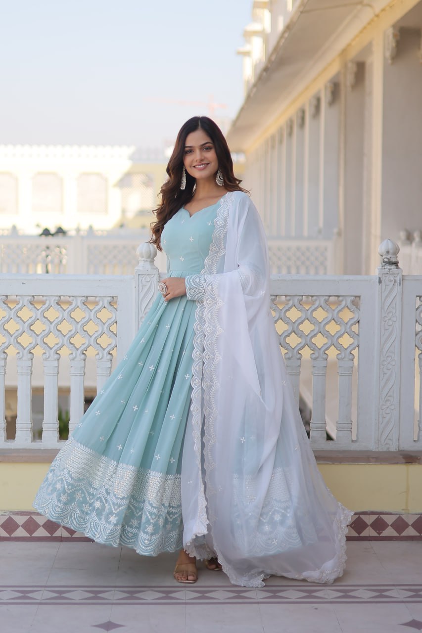 Sky Blue Embroidered Georgette Gown Dupatta Set