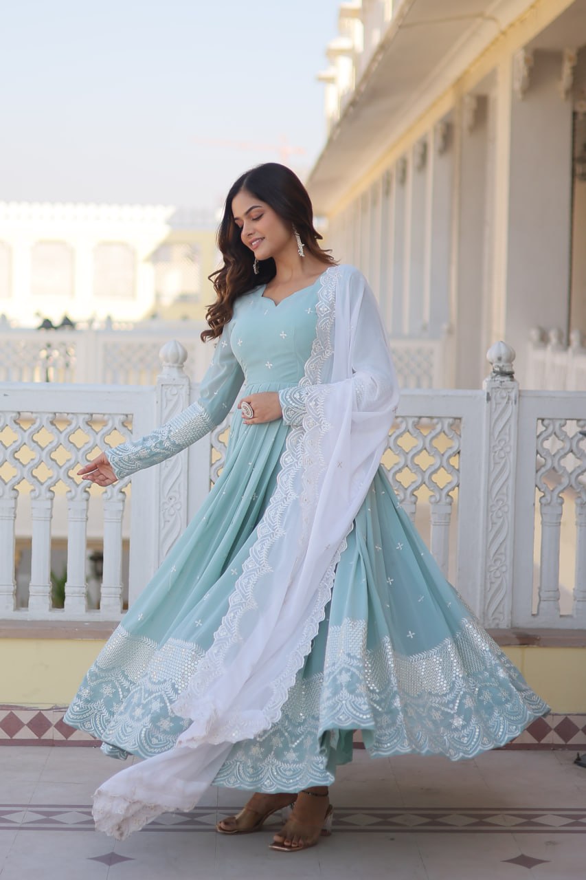 Sky Blue Embroidered Georgette Gown Dupatta Set