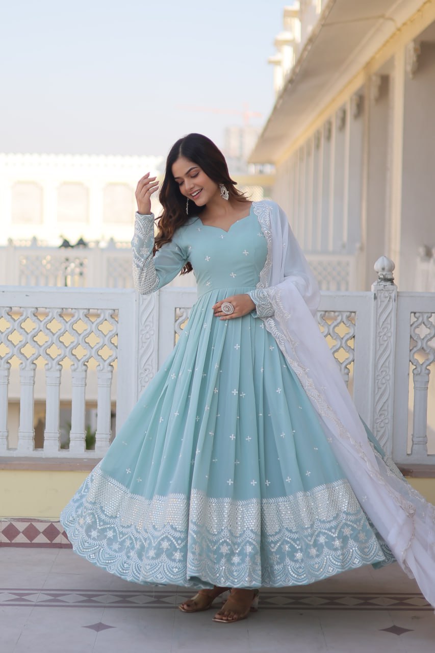 Sky Blue Embroidered Georgette Gown Dupatta Set