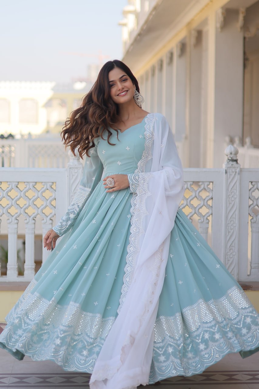 Sky Blue Embroidered Georgette Gown Dupatta Set