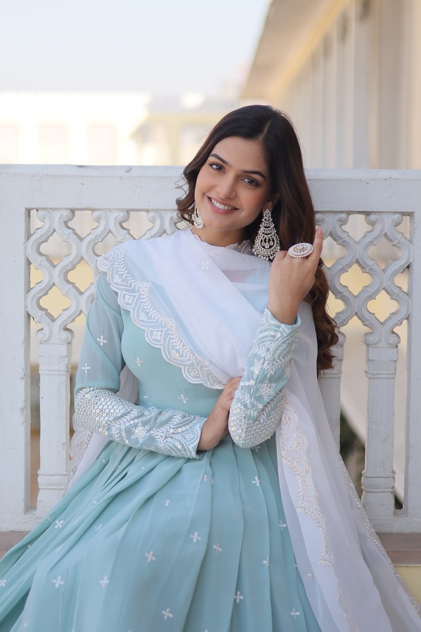 Sky Blue Embroidered Georgette Gown Dupatta Set