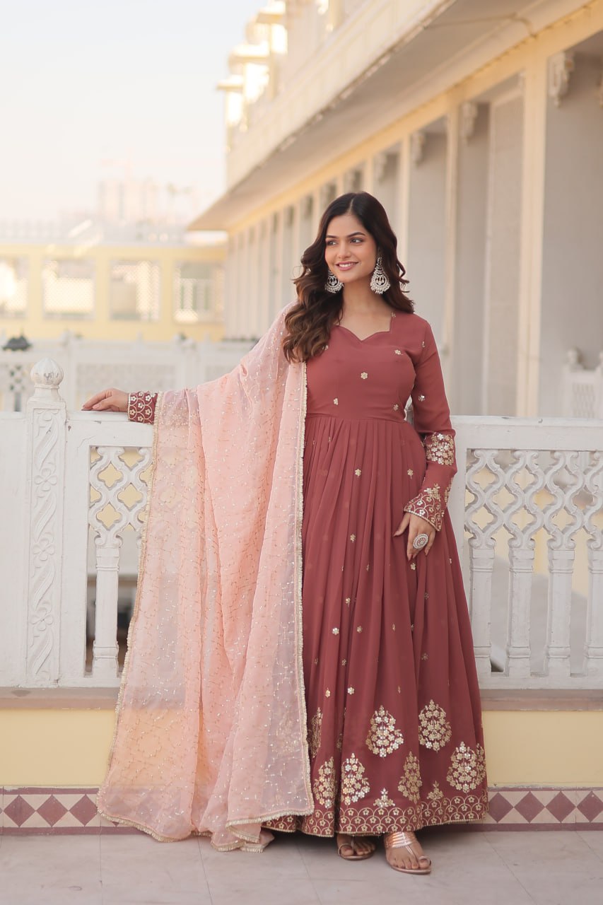 Coffee Faux Georgette Embroidered Festival Party Gown