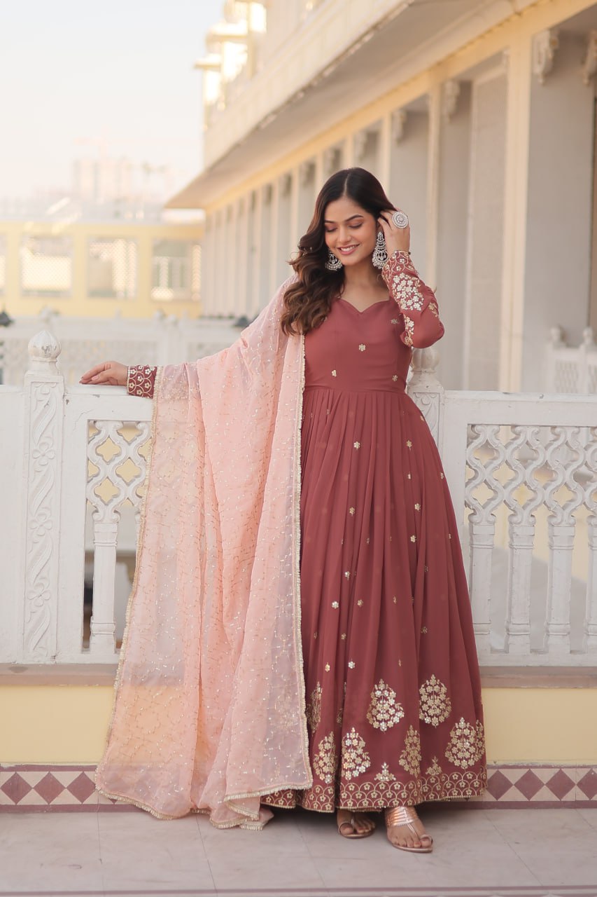 Coffee Faux Georgette Embroidered Festival Party Gown