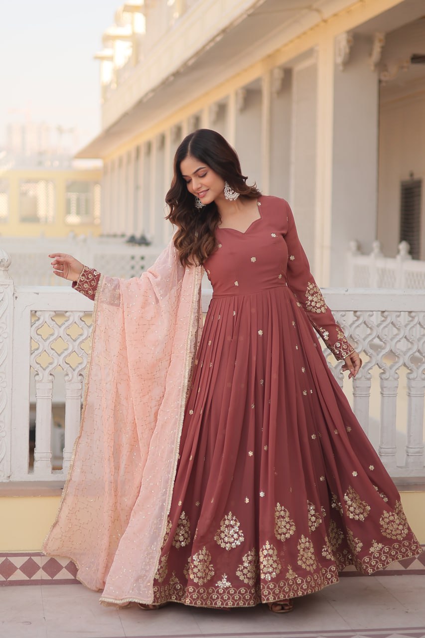 Coffee Faux Georgette Embroidered Festival Party Gown