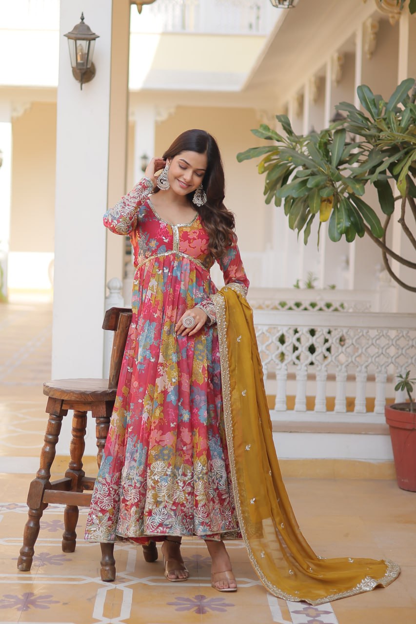 Sunshine Multi Colour Silk Indian Gown with Digital Print, Embroidered and Sequins Work Gown
