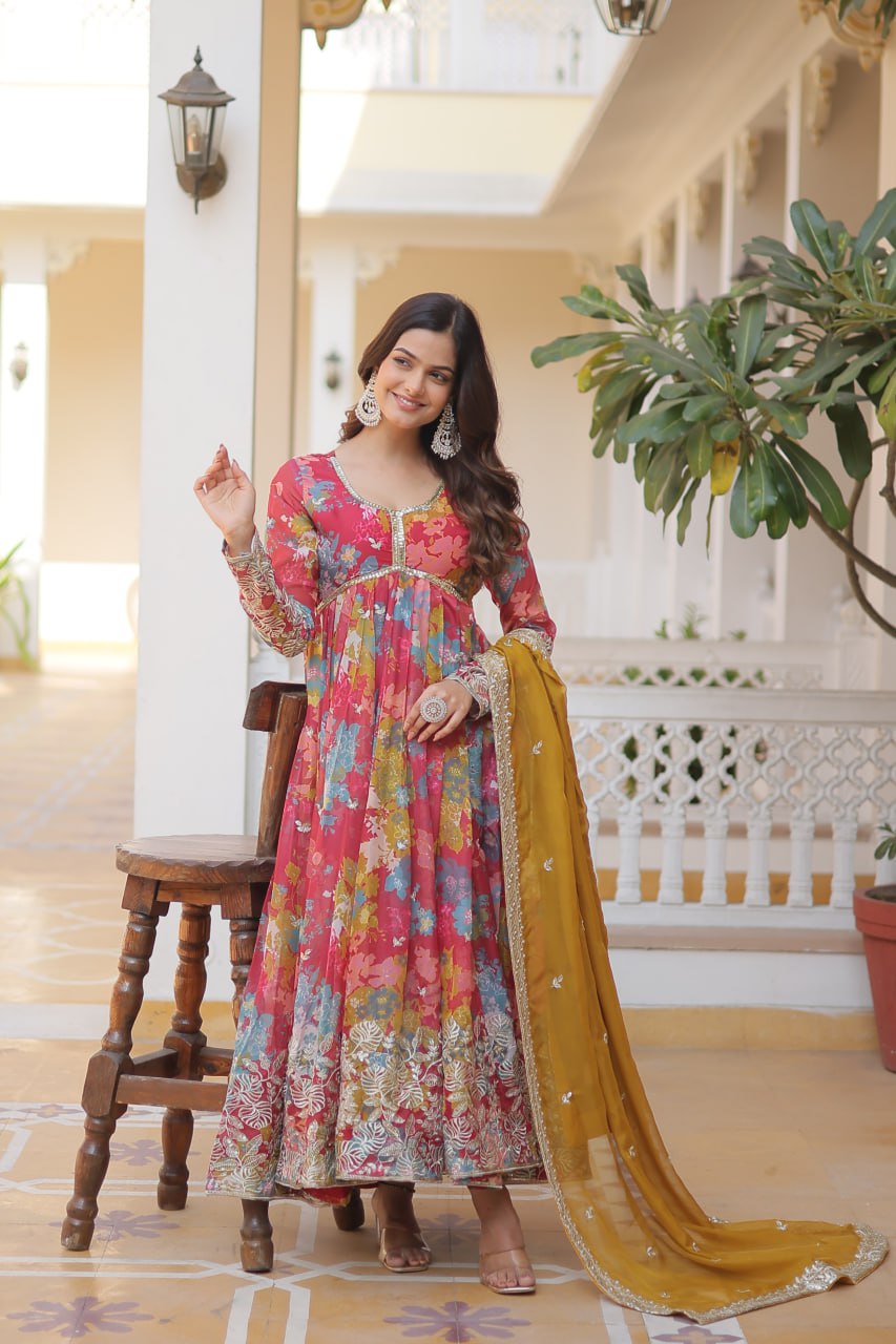 Sunshine Multi Colour Silk Indian Gown with Digital Print, Embroidered and Sequins Work Gown