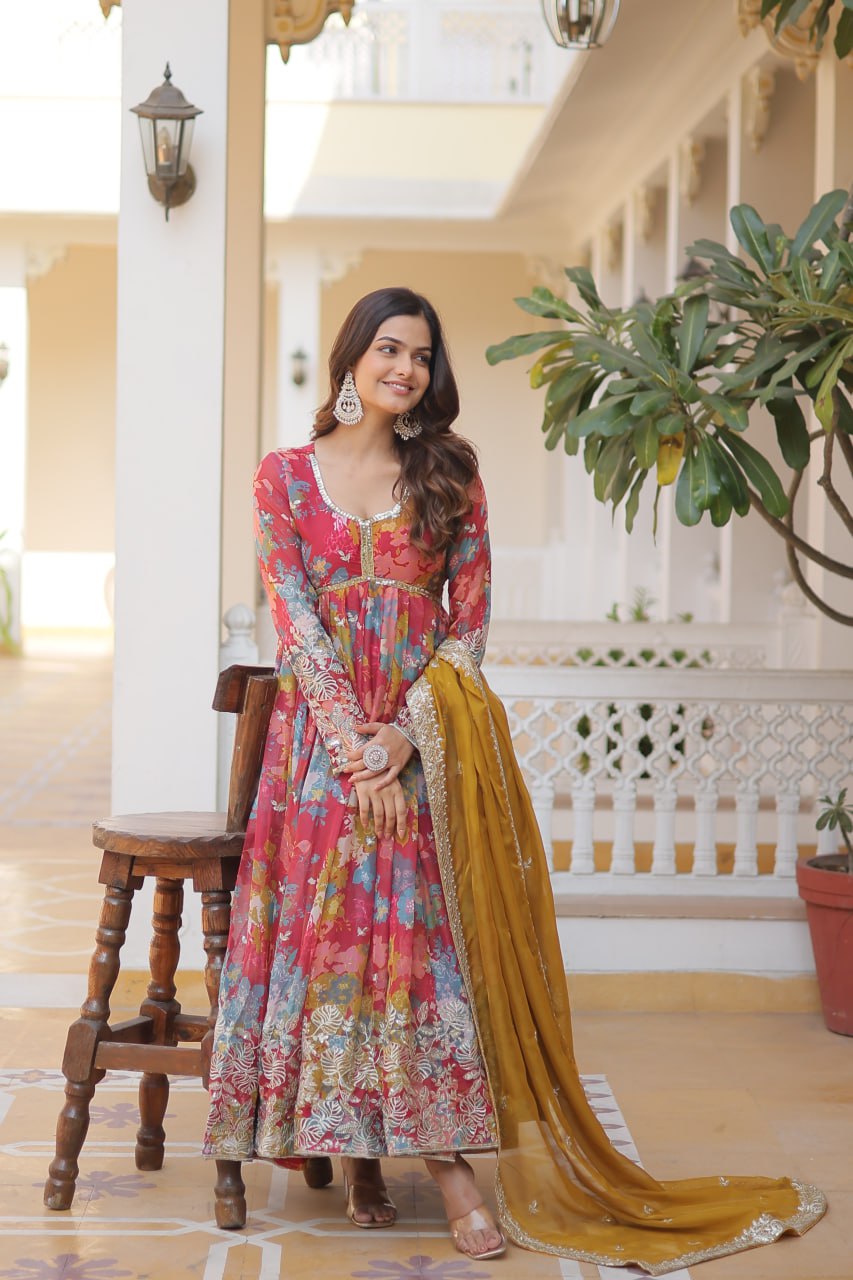 Sunshine Multi Colour Silk Indian Gown with Digital Print, Embroidered and Sequins Work Gown