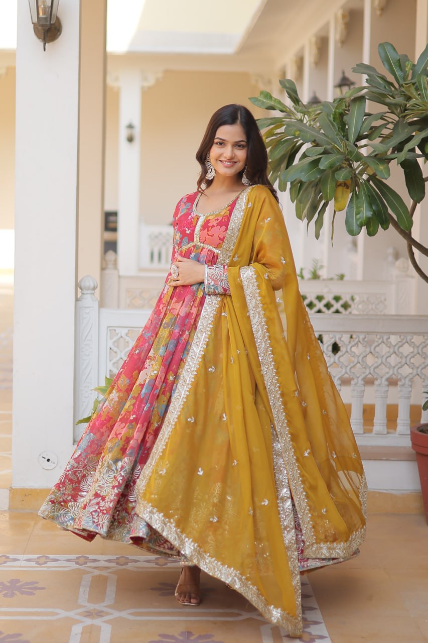 Sunshine Multi Colour Silk Indian Gown with Digital Print, Embroidered and Sequins Work Gown