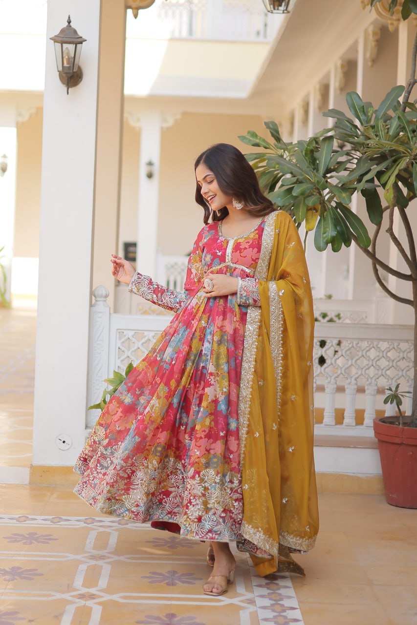 Sunshine Multi Colour Silk Indian Gown with Digital Print, Embroidered and Sequins Work Gown