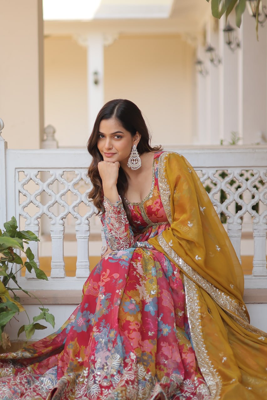 Sunshine Multi Colour Silk Indian Gown with Digital Print, Embroidered and Sequins Work Gown