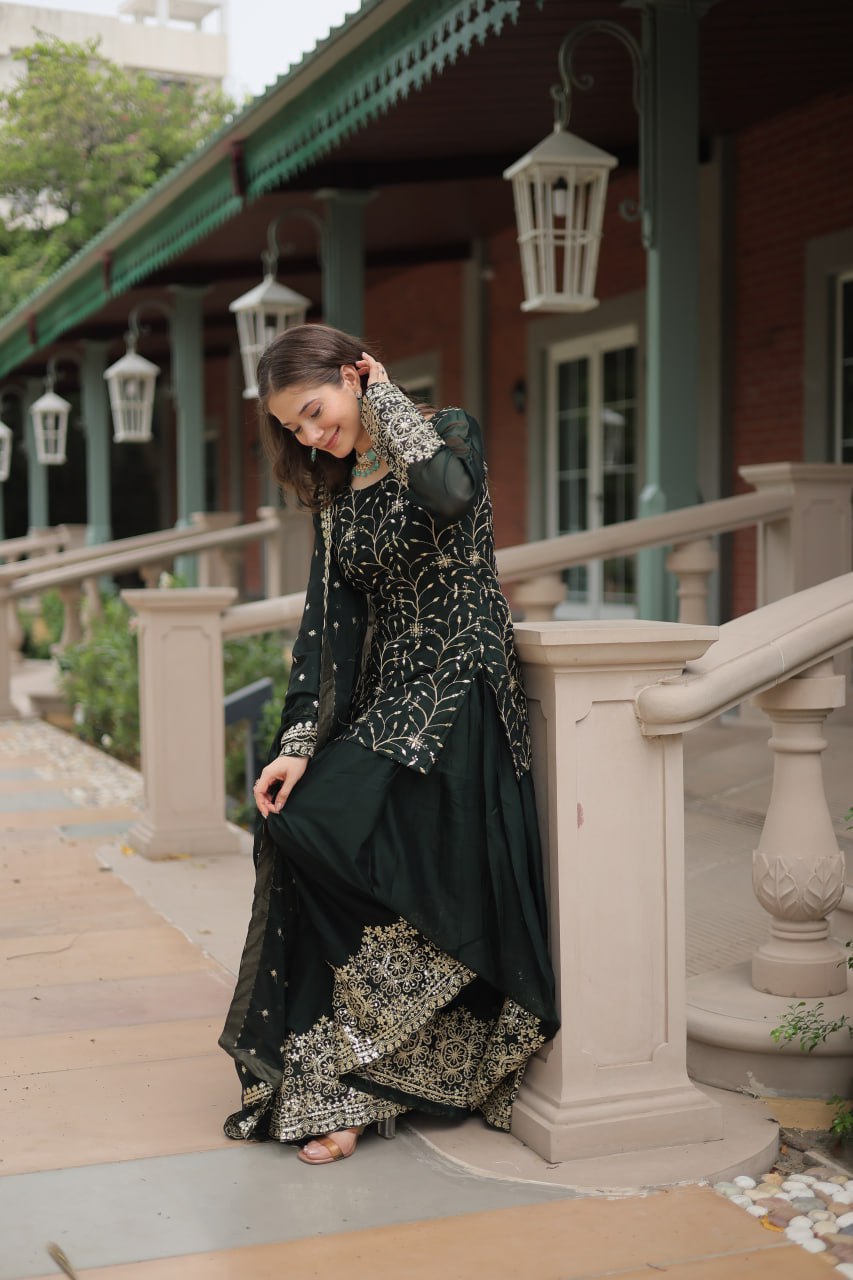Green Premium Designer Readymade Kurti-Plazzo-Dupatta Set