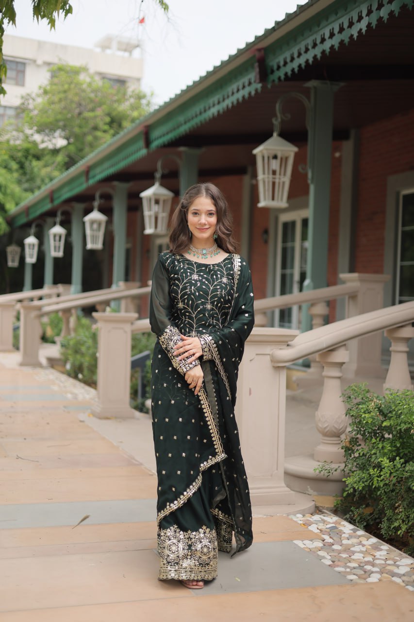 Green Premium Designer Readymade Kurti-Plazzo-Dupatta Set