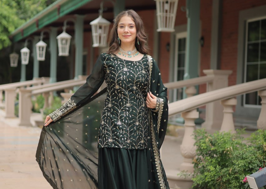 Green Premium Designer Readymade Kurti-Plazzo-Dupatta Set