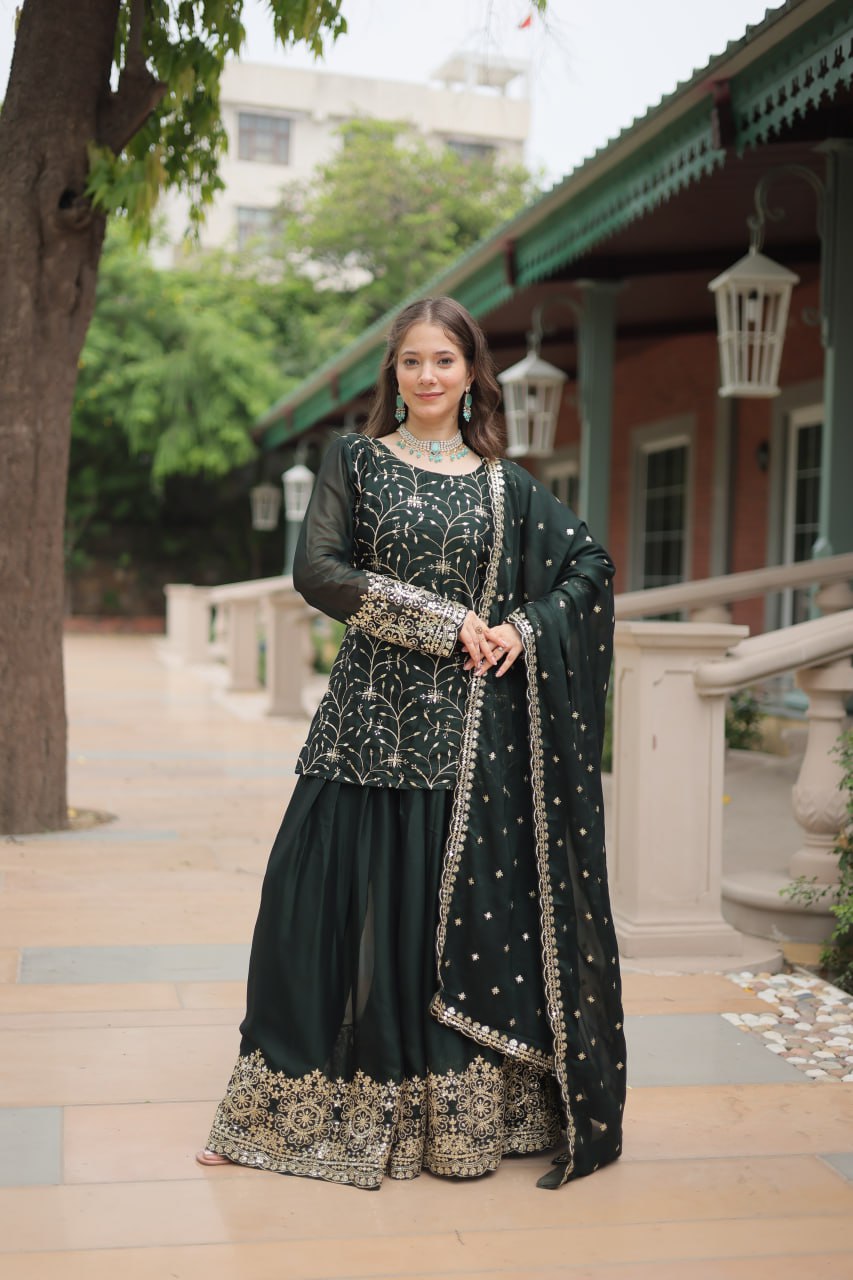 Green Premium Designer Readymade Kurti-Plazzo-Dupatta Set