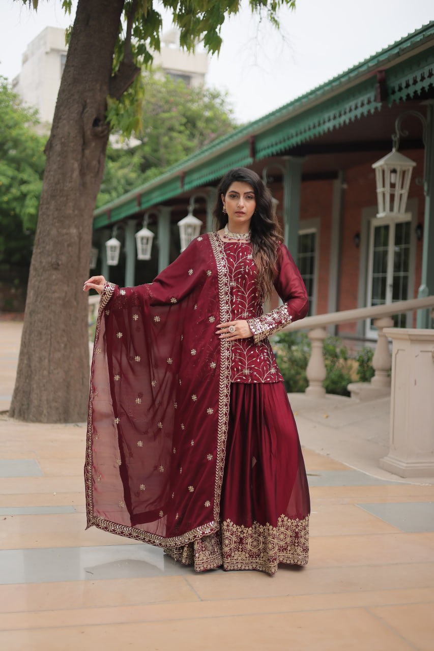 Maroon Premium Designer Readymade Kurti-Plazzo-Dupatta Set