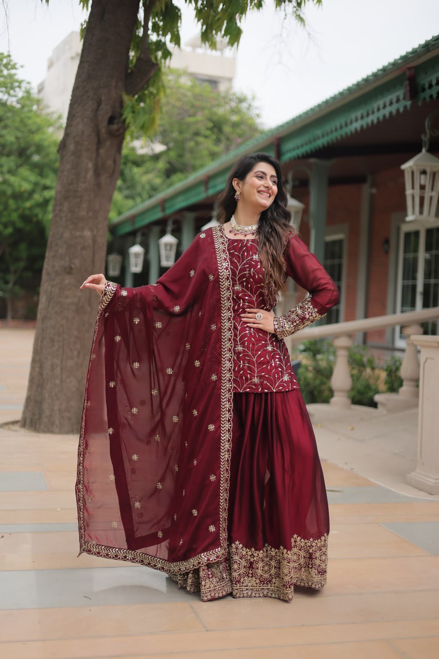 Maroon Premium Designer Readymade Kurti-Plazzo-Dupatta Set