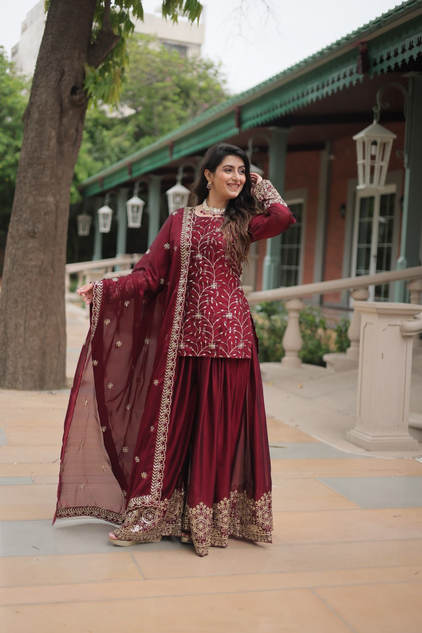 Maroon Premium Designer Readymade Kurti-Plazzo-Dupatta Set