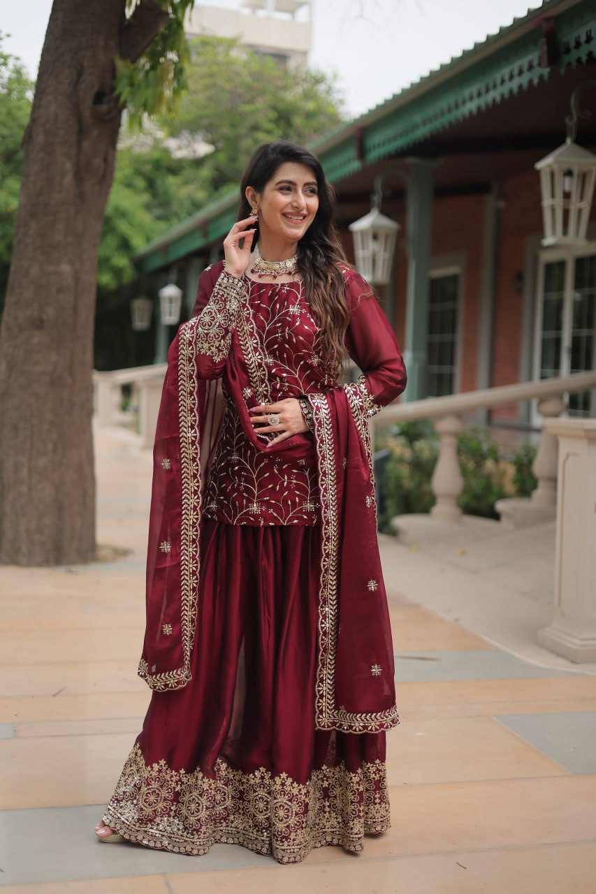 Maroon Premium Designer Readymade Kurti-Plazzo-Dupatta Set