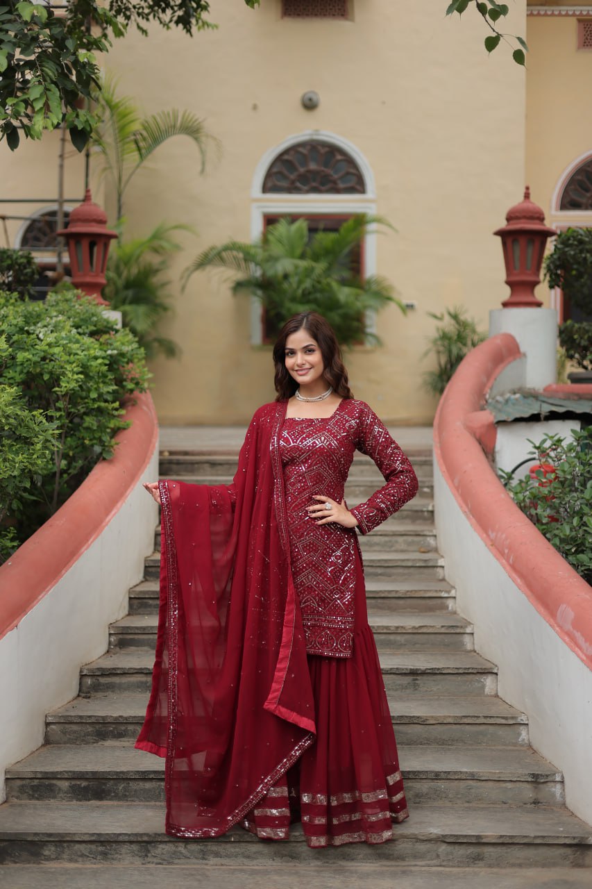 Georgette Maroon Party Wear Sequins Work Readymade Sharara Suit