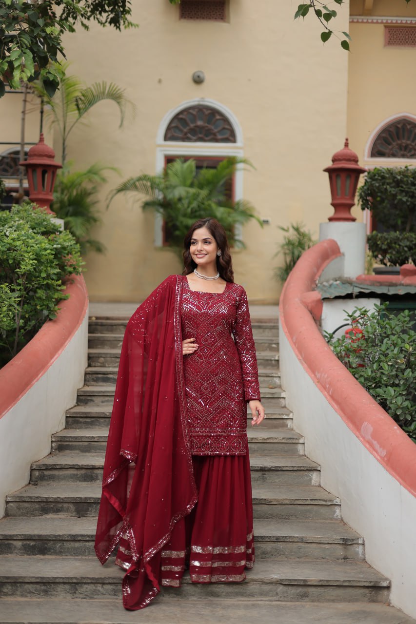 Georgette Maroon Party Wear Sequins Work Readymade Sharara Suit