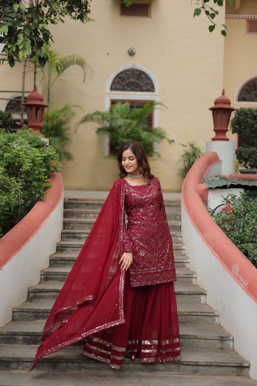 Georgette Maroon Party Wear Sequins Work Readymade Sharara Suit