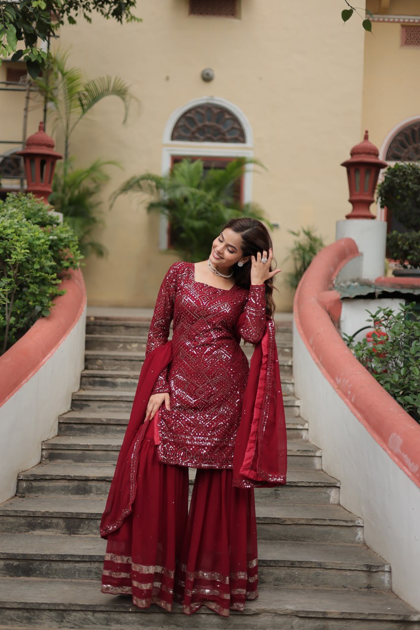 Georgette Maroon Party Wear Sequins Work Readymade Sharara Suit