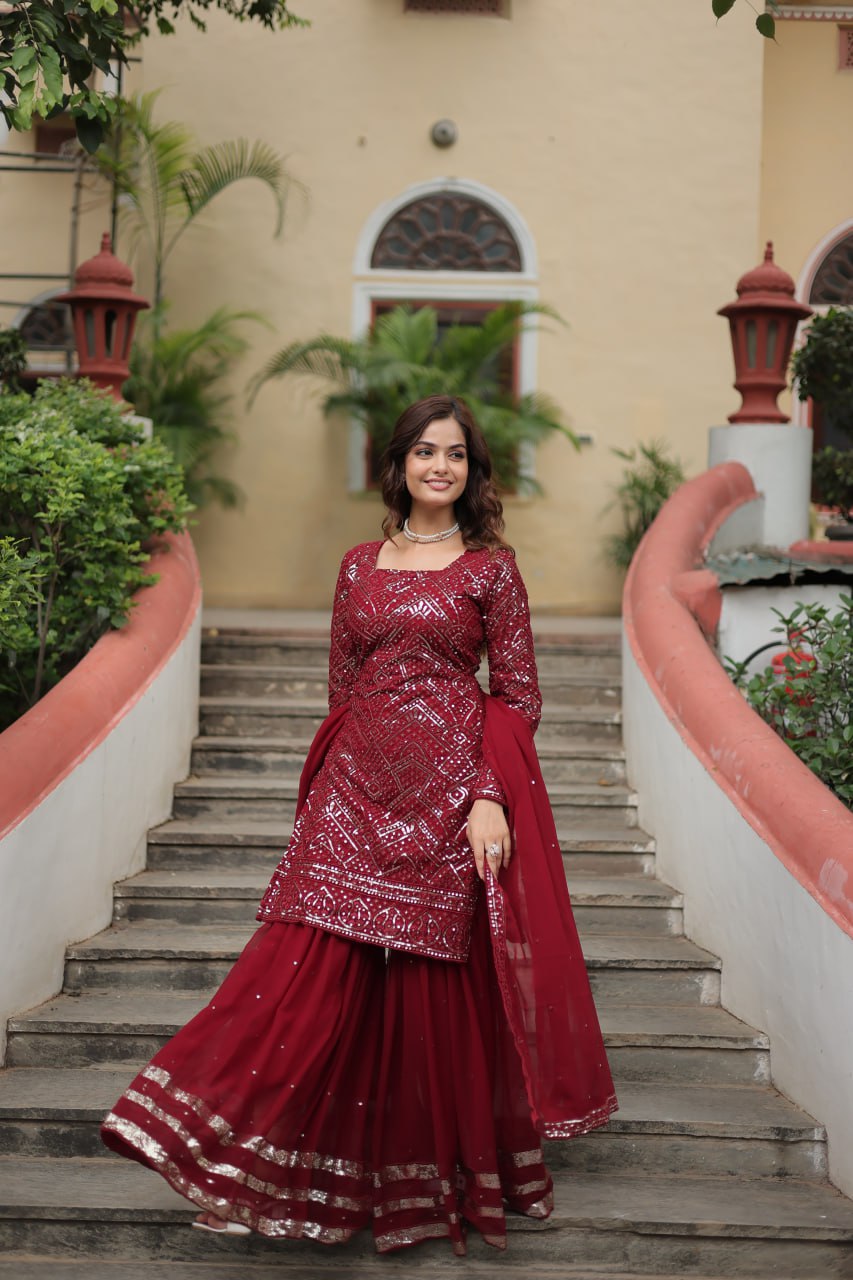 Georgette Maroon Party Wear Sequins Work Readymade Sharara Suit