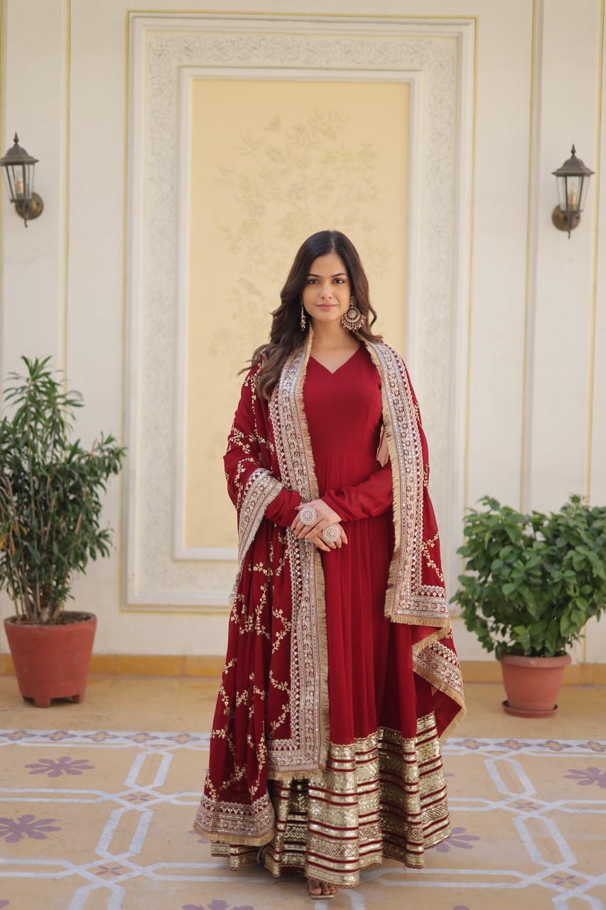 Red Colour Faux Blooming Embroidery Cari Sequence Work Gown